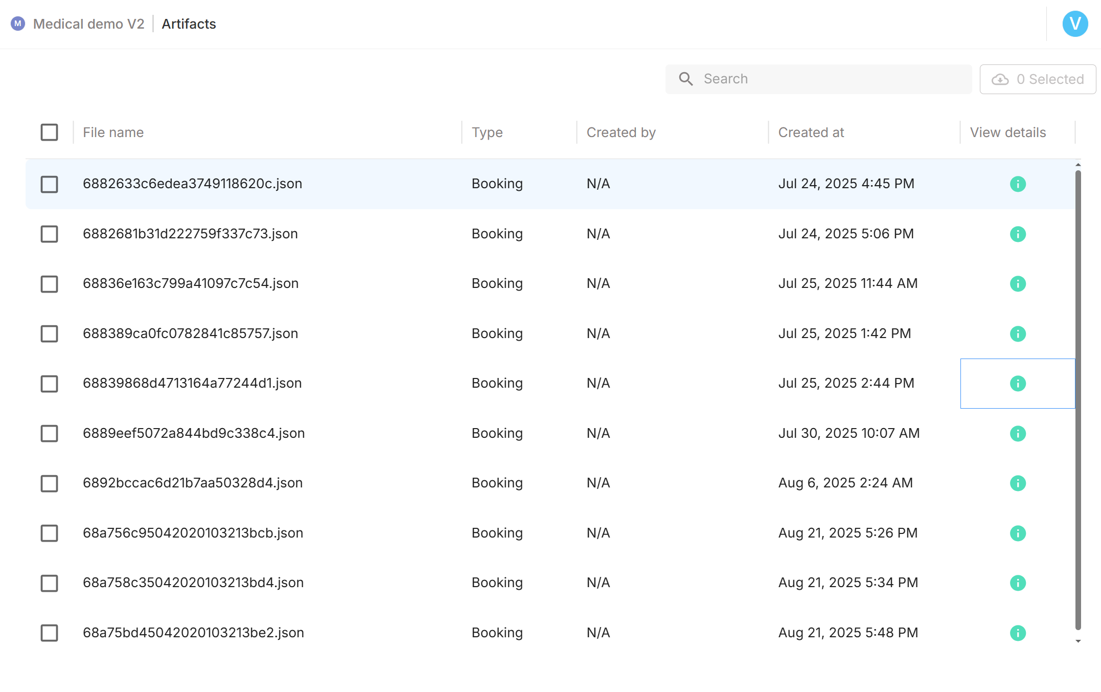 Artifacts table—file list with details action
