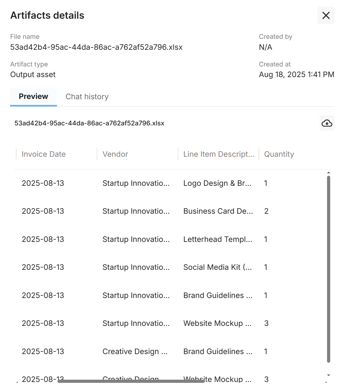 Artifact details—XLSX/CSV preview