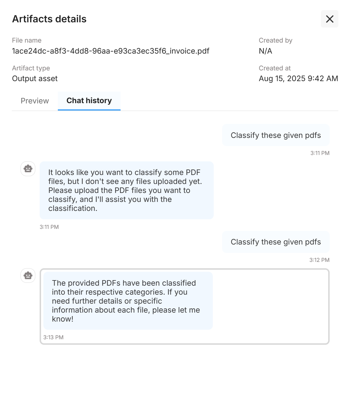 Artifact details—Chat history tab