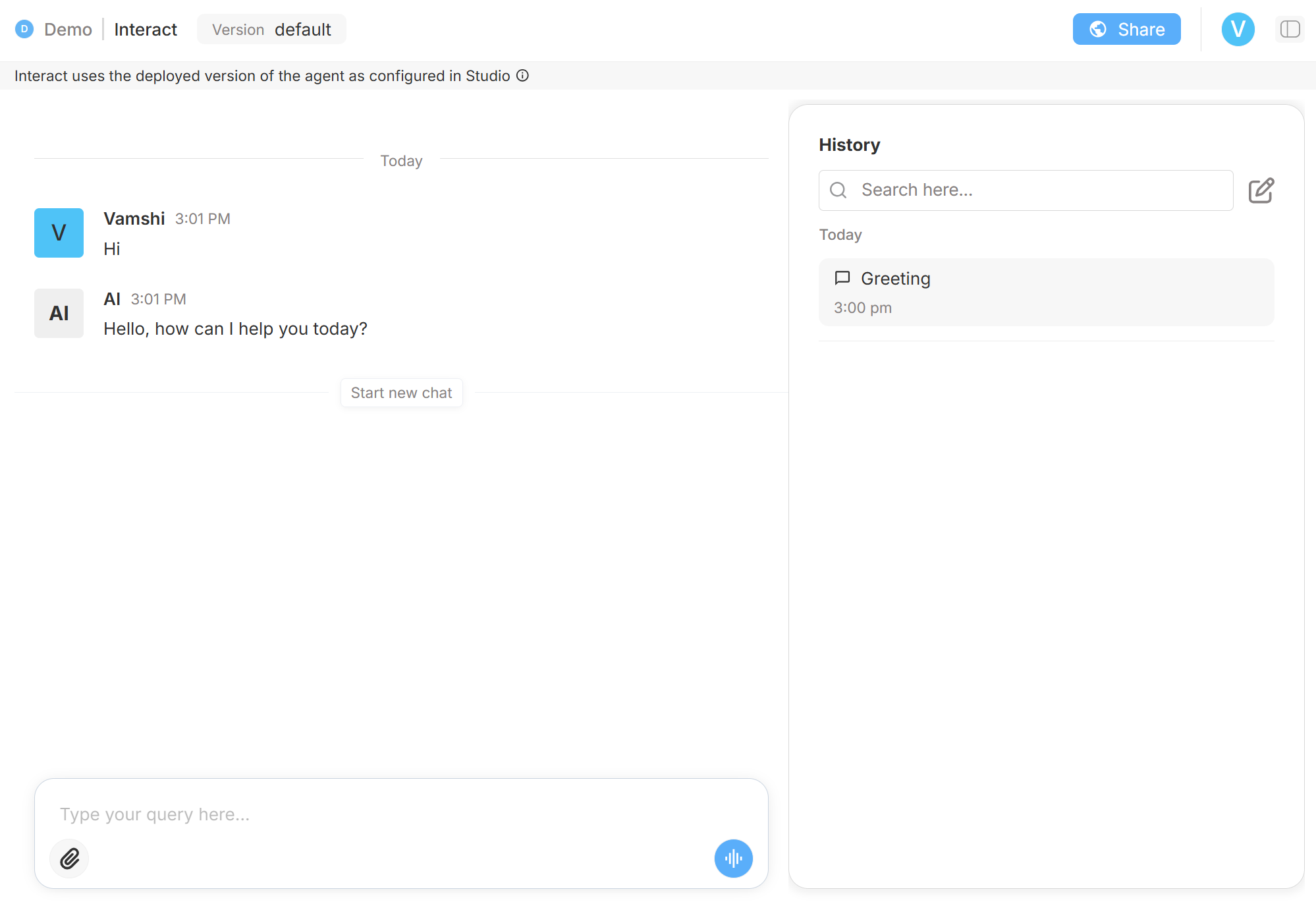 Interact view with suggested questions, quick-action buttons, and chat history