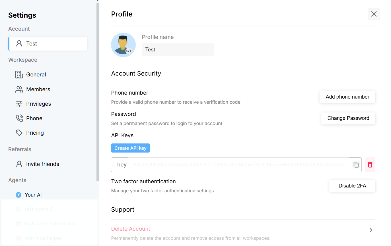 Settings panel – Profile tab with phone numbers