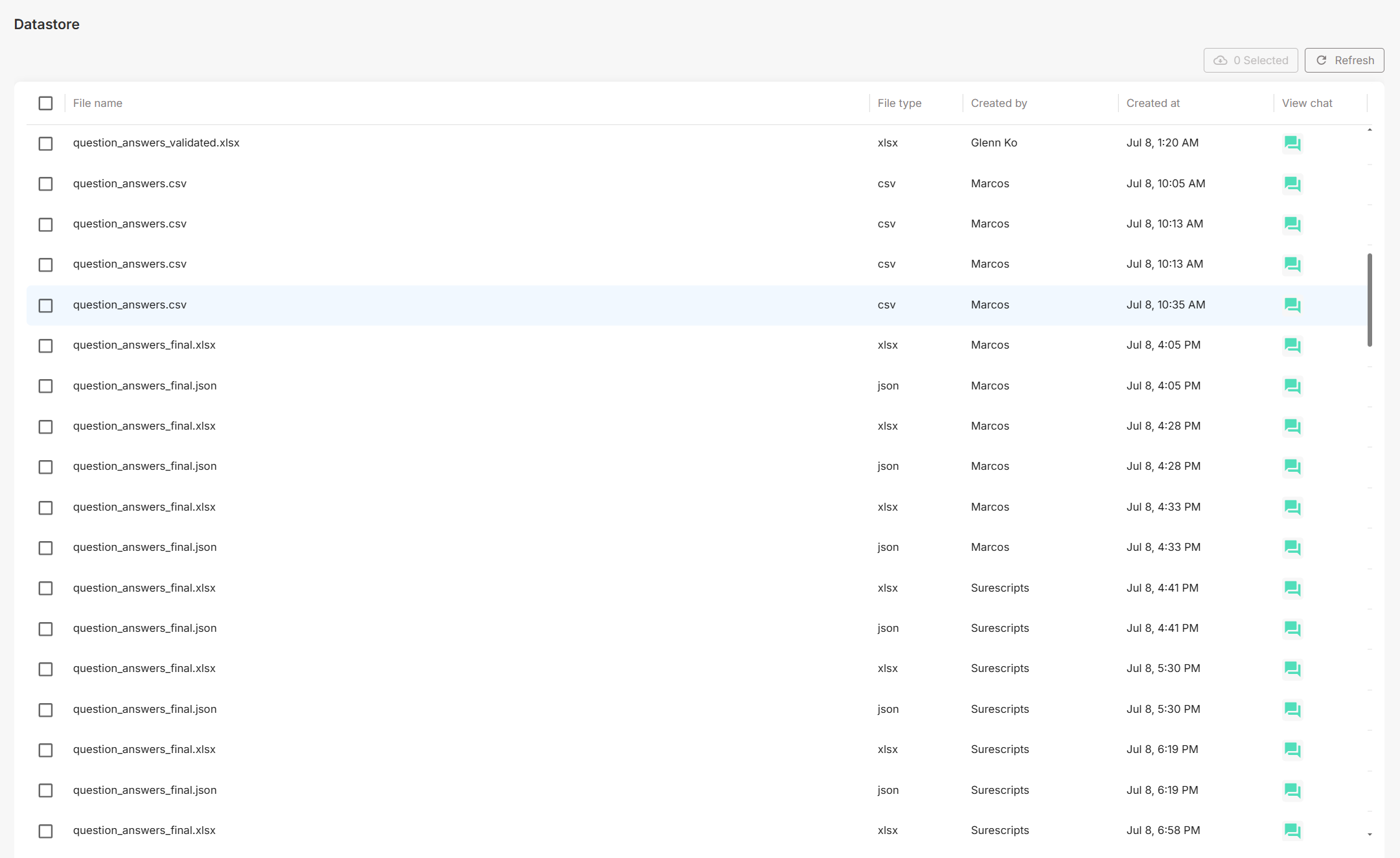 Datastore table—file list with View chat links