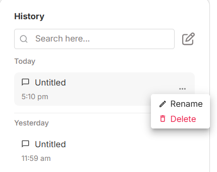 History panel—search, rename, and delete actions