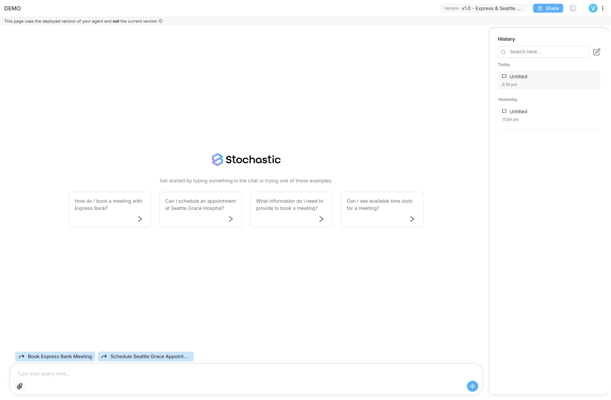 Interact view with suggested questions, quick‑action buttons, and chat history