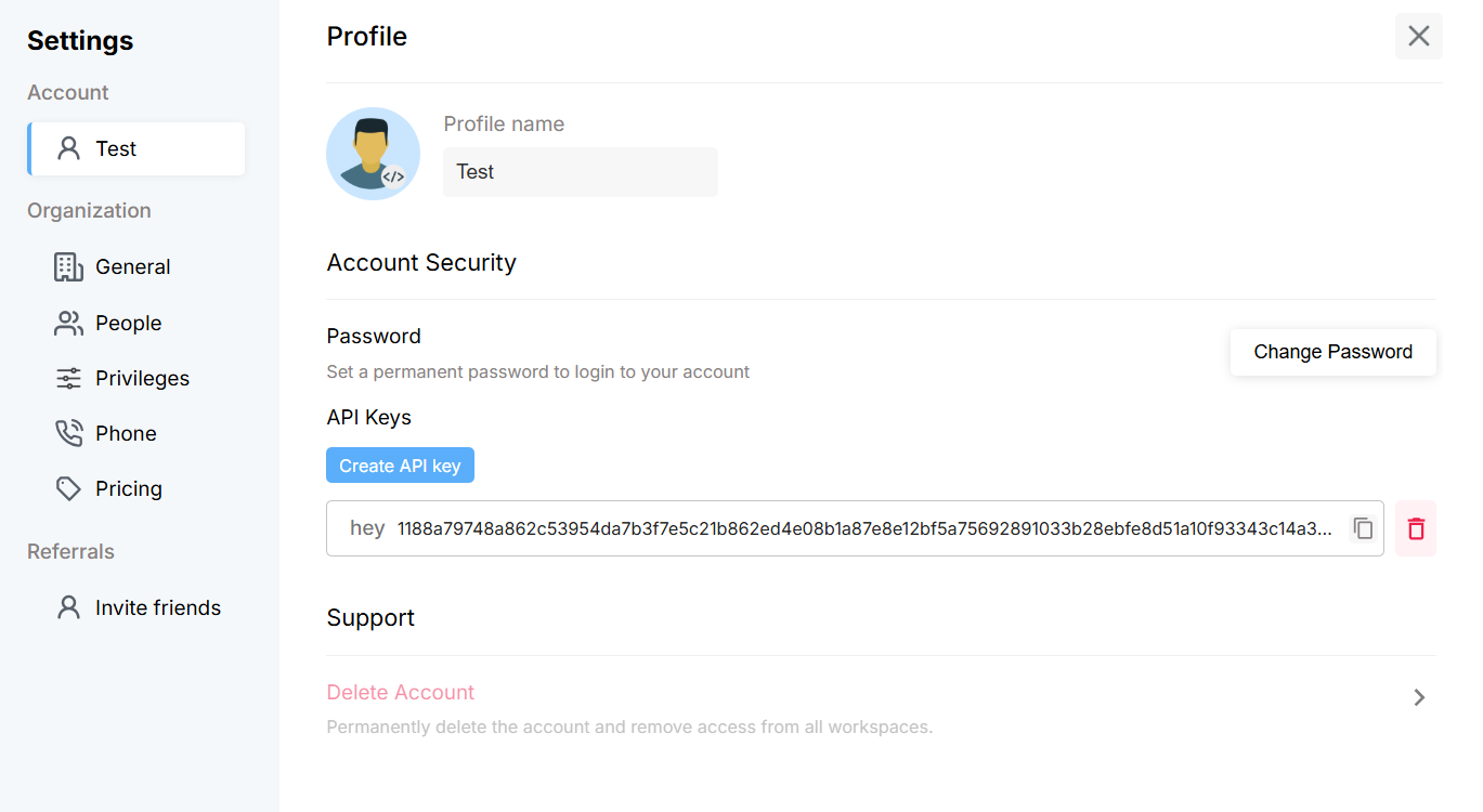 Settings panel – Profile tab