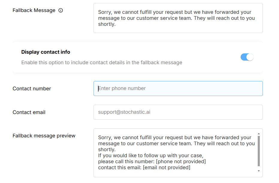 Fallback message with contact info
